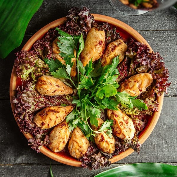 Vegan dumplings arranged on a bed of red and green lettuce, garnished with fresh parsley.