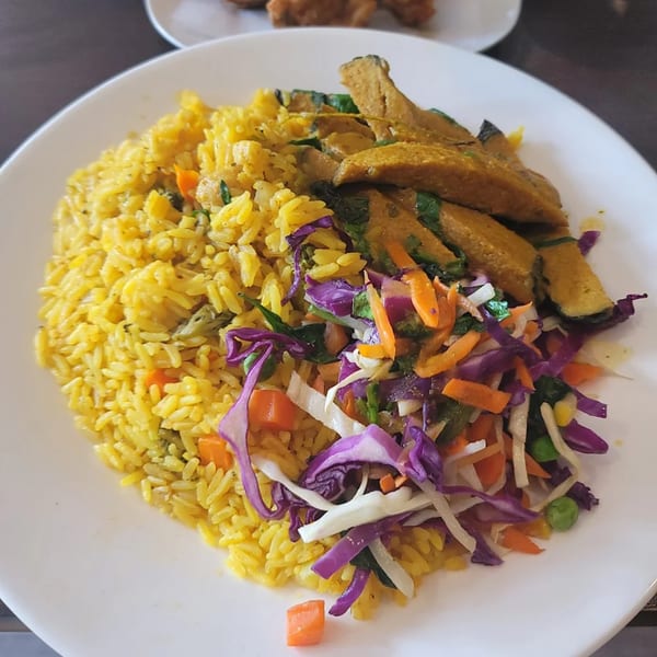 A Starving Vegan plate with yellow rice, seasoned plantains, and a colorful cabbage slaw.
